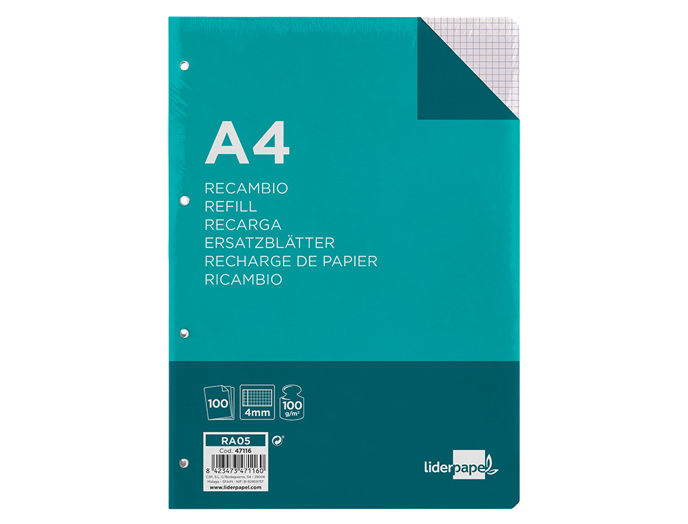 RECAMBIO LIDERPAPEL A4 100 HOJAS 100G/M2 CUADRO 4MM CON MARGEN 4 TALADROS